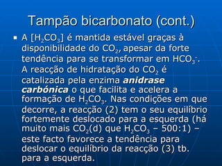 Tampão bicarbonato (cont.) A [H 2 CO 3 ] é mantida estável graças à disponibilidade do CO 2 ,   apesar da forte tendência para se transformar em HCO 3 - . A reacção de hidratação do CO 2  é catalizada pela enzima  anidrase carbónica  o que facilita e acelera a formação de H 2 CO 3 . Nas condições em que decorre, a reacção  (2)  tem o seu equilíbrio fortemente deslocado para a esquerda (há muito mais CO 2 (d) que H 2 CO 3  – 500:1) – este facto favorece a tendência para deslocar o equilíbrio da reacção  (3)  tb. para a esquerda. 