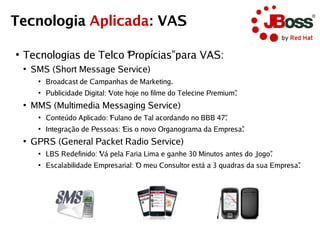Tecnologia Aplicada: VAS

●
    Tecnologias de Telco “ Propícias” para VAS:
    ●
        SMS (Short Message Service)
         ●
             Broadcast de Campanhas de Marketing.
         ●
             Publicidade Digital: “ Vote hoje no filme do Telecine Premium” .
    ●
        MMS (Multimedia Messaging Service)
         ●
             Conteúdo Aplicado: “ Fulano de Tal acordando no BBB 47” .
         ●
             Integração de Pessoas: “ Eis o novo Organograma da Empresa” .
    ●
        GPRS (General Packet Radio Service)
         ●
             LBS Redefinido: “ Vá pela Faria Lima e ganhe 30 Minutos antes do Jogo” .
         ●
             Escalabilidade Empresarial: “ O meu Consultor está a 3 quadras da sua Empresa” .
 