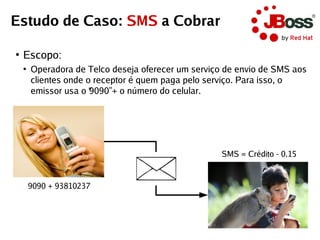 Estudo de Caso: SMS a Cobrar

●
    Escopo:
    ●
        Operadora de Telco deseja oferecer um serviço de envio de SMS aos
        clientes onde o receptor é quem paga pelo serviço. Para isso, o
        emissor usa o “ 9090” + o número do celular.




                                                     SMS = Crédito - 0.15



        9090 + 93810237
 