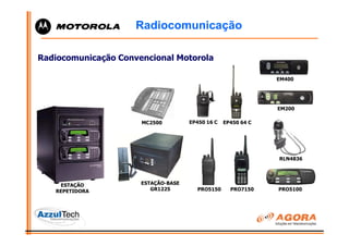 Radiocomunicação

Radiocomunicação Convencional Motorola

                                                               EM400




                                                               EM200

                      MC2500         EP450 16 C   EP450 64 C




                                                               RLN4836




    ESTAÇÃO           ESTAÇÃO-BASE
   REPETIDORA            GR1225        PRO5150      PRO7150    PRO5100
 