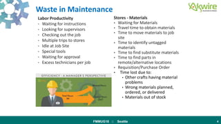 FMMUG18 :: Seattle 4
Waste in Maintenance
Labor Productivity
• Waiting for instructions
• Looking for supervisors
• Checki...