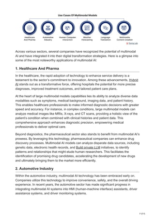 11/15
Across various sectors, several companies have recognized the potential of multimodal
AI and have integrated it into their digital transformation strategies. Here is a glimpse into
some of the most noteworthy applications of multimodal AI:
1. Healthcare And Pharma
In the healthcare, the rapid adoption of technology to enhance service delivery is a
testament to the sector’s commitment to innovation. Among these advancements, Hybrid
AI stands out as a transformative force, offering hospitals the potential for more precise
diagnoses, improved treatment outcomes, and tailored patient care plans.
At the heart of large multimodal models capabilities lies its ability to analyze diverse data
modalities such as symptoms, medical background, imaging data, and patient history.
This enables healthcare professionals to make informed diagnostic decisions with greater
speed and accuracy. For instance, in complex conditions, large multimodal models can
analyze medical images like MRIs, X-rays, and CT scans, providing a holistic view of the
patient’s condition when combined with clinical histories and patient data. This
comprehensive approach enhances diagnostic precision, empowering medical
professionals to deliver optimal care.
Beyond diagnostics, the pharmaceutical sector also stands to benefit from multimodal AI’s
prowess. By leveraging this technology, pharmaceutical companies can enhance drug
discovery processes. Multimodal AI models can analyze disparate data sources, including
genetic data, electronic health records, and Build private LLM initiatives, to identify
patterns and relationships that might elude human researchers. This facilitates the
identification of promising drug candidates, accelerating the development of new drugs
and ultimately bringing them to the market more efficiently.
2. Automotive Industry
Within the automotive industry, multimodal AI technology has been embraced early on.
Companies utilize this technology to improve convenience, safety, and the overall driving
experience. In recent years, the automotive sector has made significant progress in
integrating multimodal AI systems into HMI (human-machine interface) assistants, driver
assistance systems, and driver monitoring systems.
 