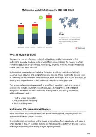2/15
What Is Multimodal AI?
To grasp the concept of multimodal artificial intelligence (AI), it’s essential to first
understand modality. Modality, in its simplest form, encompasses the manner in which
something occurs or is experienced. Accordingly, anything involving multiple modalities
can be described as multimodal.
Multimodal AI represents a subset of AI dedicated to utilizing multiple modalities to
construct more accurate and comprehensive AI models. These multimodal models excel
at combining information from various sources, such as images, text, audio, and video, to
develop a more precise and holistic understanding of the underlying data.
This unique data processing approach proves highly valuable in a diverse range of
applications, including autonomous vehicles, speech recognition, and emotional
recognition. Moreover, multimodal models are capable of performing a variety of
additional tasks including:
Text-to-image Generation
Visual Question-answering
Robotics Navigation.
Multimodal VS. Unimodal AI Models
While multimodal and unimodal AI models share common goals, they employ distinct
approaches to developing AI systems.
Unimodal models concentrate on training AI systems to perform a particular task using a
single source of data. In contrast, multimodal models combine data from diverse sources,
enabling them to comprehensively analyze a given problem.
 