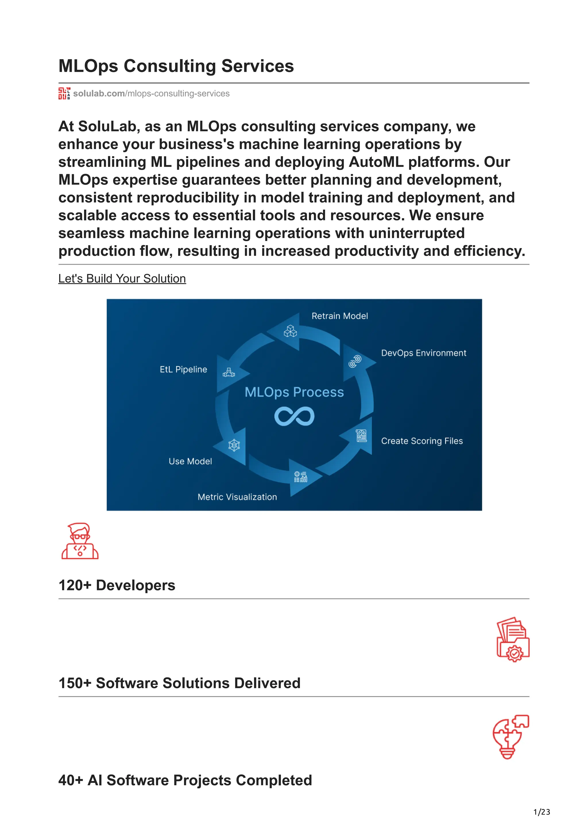 1/23
MLOps Consulting Services
solulab.com/mlops-consulting-services
At SoluLab, as an MLOps consulting services company, we
enhance your business's machine learning operations by
streamlining ML pipelines and deploying AutoML platforms. Our
MLOps expertise guarantees better planning and development,
consistent reproducibility in model training and deployment, and
scalable access to essential tools and resources. We ensure
seamless machine learning operations with uninterrupted
production flow, resulting in increased productivity and efficiency.
Let's Build Your Solution
120+ Developers
150+ Software Solutions Delivered
40+ AI Software Projects Completed
 