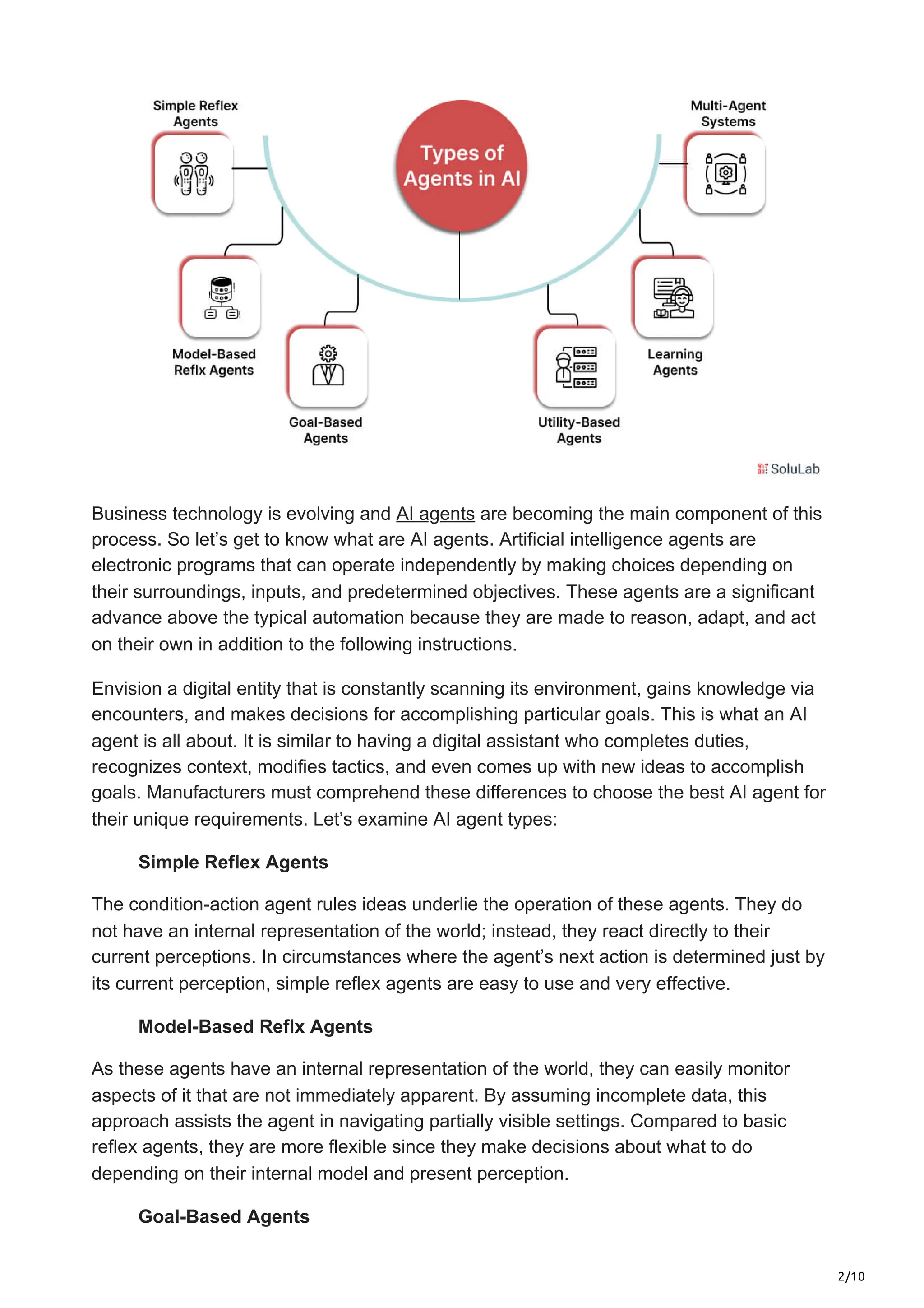 2/10
Business technology is evolving and AI agents are becoming the main component of this
process. So let’s get to know what are AI agents. Artificial intelligence agents are
electronic programs that can operate independently by making choices depending on
their surroundings, inputs, and predetermined objectives. These agents are a significant
advance above the typical automation because they are made to reason, adapt, and act
on their own in addition to the following instructions.
Envision a digital entity that is constantly scanning its environment, gains knowledge via
encounters, and makes decisions for accomplishing particular goals. This is what an AI
agent is all about. It is similar to having a digital assistant who completes duties,
recognizes context, modifies tactics, and even comes up with new ideas to accomplish
goals. Manufacturers must comprehend these differences to choose the best AI agent for
their unique requirements. Let’s examine AI agent types:
Simple Reflex Agents
The condition-action agent rules ideas underlie the operation of these agents. They do
not have an internal representation of the world; instead, they react directly to their
current perceptions. In circumstances where the agent’s next action is determined just by
its current perception, simple reflex agents are easy to use and very effective.
Model-Based Reflx Agents
As these agents have an internal representation of the world, they can easily monitor
aspects of it that are not immediately apparent. By assuming incomplete data, this
approach assists the agent in navigating partially visible settings. Compared to basic
reflex agents, they are more flexible since they make decisions about what to do
depending on their internal model and present perception.
Goal-Based Agents
 