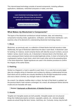 3/10
This internet-based technology consists of several components, including software
applications, databases, networked computers or nodes, and more.
What Makes Up Blockchain’s Components?
The layers of the blockchain architecture include hardware, data, and networking
components including nodes, applications, verification, and information distribution. Let’s
examine a few of its elements for understanding blockchain technology basics.
1. Block
Blockchain, as previously said, is a collection of linked blocks that hold records or data.
Additionally, the type of blockchain determines the data in each block. A blockchain used
for banking, for instance, would comprise blocks with data like account numbers, account
holders’ names, branch names, etc. A blockchain’s Genesis block is the first block, and
every subsequent block hashed and encoded legitimate entries. A chain is formed by the
cryptographic hashes of each block, which link to each other and to the preceding block
in the same blockchain. Digital signatures are used in this iterative procedure to confirm
the integrity of the earlier blocks.
2. Hashing
Similar to a fingerprint, a hash is specific to each block. It is a code that converts digital
data into a lengthy string of characters and numbers by utilizing a mathematical formula.
Each block and its contents are uniquely identified by this 64-digit hexadecimal number,
and once a block is formed, any changes made to it will alter the hash.
As a result, if an attacker modifies data in a block, the hash of that block is updated, but
the previous block’s hash remains unchanged. As a result, all subsequent blocks become
invalid and are traceable with ease.
Related: Hashgraph vs Blockchain- A Detailed Overview
3. Assets
Tangible and intangible assets are both possible. Intangible assets are non-physical
things like intellectual property contracts, copyrights, patents, etc., whereas tangible
assets are actual things like land, homes, machinery, etc. Curiously, money may be both
 