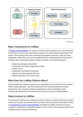 6/10
Major Components of LLMOps
In Small Language Models, the scope of machine learning projects can vary extensively.
It could be as narrow as an organization requires or as wide-ranging, depending on the
project. Some projects will cover everything from pipeline production, right up to data
preparation, while others may just be implementing the model deployment procedure in
LLMOps. Most organizations apply LLMOps principles in the following aspects,
Exploring exploratory data (EDA)
Preparation and Rapid engineering of Data
Model Tuning
Exploration and Model Governance
Models and serving-based inference
Model observation with human input
What Does the LLMOps Platform Mean?
Data scientists and software engineers can collaborate in an environment that supports
iterative data exploration, real-time coworking for the tracking experiment, prompt
engineering, and managing models and pipelines as well as controlling model
transitioning, deployment, and monitoring for LLMs by using an LLMOps platform.
Steps Involved in LLMOps
The process for MLOps and LLMOps are similar. However, instead of training foundation
models from scratch, pre-trained LLMs are further fine-tuned towards downstream tasks.
In comparison to Large Language Models, foundational models change the process
involved in developing an application based on LLMs. Some of the important parts of the
LLMOps process include the following:
 