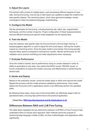 4. Adjust the Layers
Pre-trained LLMs consist of multiple layers, each processing different aspects of input
data. During fine-tuning, only the top or later layers are updated to adapt the model to the
task-specific dataset. The remaining layers, which store general knowledge, remain
unchanged to retain foundational language understanding.
5. Configure the Model
Set the parameters for fine-tuning, including learning rate, batch size, regularization
techniques, and the number of epochs. Proper configuration of these hyperparameters
ensures efficient training and optimal model adaptation for the desired task.
6. Train the Model
Input the cleaned, task-specific data into the pre-trained LLM and begin training. A
backpropagation algorithm is used to adjust the fine-tuned layers, refining the model’s
outputs by minimizing errors. Since the base model is pre-trained, fine-tuning typically
requires fewer epochs compared to training from scratch. Monitor performance on the
validation set to prevent overfitting and make adjustments when necessary.
7. Evaluate Performance
Once the model is trained, test its performance using an unseen dataset to verify its
ability to generalize to new data. Use metrics like BLEU scores, ROUGE scores, or
human evaluations to assess the model’s accuracy and effectiveness in performing the
desired task.
8. Iterate and Deploy
Based on the evaluation results, revisit the earlier steps to refine and improve the model.
Repeat the process until the model achieves satisfactory performance. Once ready,
deploy the fine-tuned LLM in applications where it can effectively perform the specified
tasks.
By following these steps, those new to fine-tuning RAG can effectively adapt LLMs for
specialized tasks, ensuring high performance and practical application.
Read Also: RAG App Development and Its Applications in AI
Differences Between RAG and LLM Fine-Tuning
The table below highlights the key distinctions between LLM RAG vs Fine-Tuning to help
understand when to choose each approach. Both methods serve the purpose of
enhancing large language models (LLMs), but their methodologies and applications differ
significantly.
7/11
 