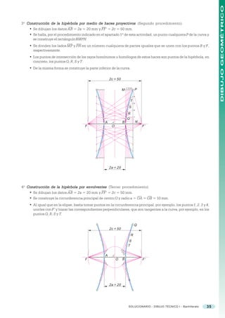 DIBUJO GEOMÉTRICO
3º Construcción de la hipérbola por medio de haces proyectivos (Segundo procedimiento).
    • Se dibujan los datos AB = 2a = 20 mm y FF’ = 2c = 50 mm.
    • Se halla, por el procedimiento indicado en el apartado 1º de esta actividad, un punto cualquiera P de la curva y
      se construye el rectángulo BMPN.
     • Se dividen los lados MP y PN en un número cualquiera de partes iguales que se unen con los puntos B y F,
       respectivamente.
     • Los puntos de intersección de los rayos homónimos u homólogos de estos haces son puntos de la hipérbola, en
       concreto, los puntos Q, R, S y T.
     • De la misma forma se construye la parte inferior de la curva.

                                                         2c = 50

                                                                          1 234
                                                                    M             P
                                                                                  4

                                                                             T
                                                                                  3

                                                                            S
                                                                                  2

                                                                          R
                                                                                  1
                                                                          Q
                                                     A              B                 N
                                        F                 O                               F’




                                                         2a = 20




4º Constr ucción de la hipérbola por envolventes (Tercer procedimiento).
   Construcción
    • Se dibujan los datos AB = 2a = 20 mm y FF’ = 2c = 50 mm.
    • Se construye la circunferencia principal de centro O y radio a = OA = OB = 10 mm.
     • Al igual que en la elipse, basta tomar puntos en la circunferencia principal, por ejemplo, los puntos 1, 2, 3 y 4,
       unirles con F’ y trazar las correspondientes perpendiculares, que son tangentes a la curva, por ejemplo, en los
       puntos Q, R, S y T.

                                                                                  Q
                                                         2c = 50
                                                                              R
                                                                            S
                                                                           T
                                                                   1
                                                                    2
                                                                     3
                                                                      4
                                                     A
                                        F                     O     B                     F’




                                                         2a = 20




                                                                            SOLUCIONARIO - DIBUJO TÉCNICO I - Bachillerato   35
 