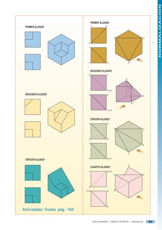 NORMALIZACIÓN
                                     PRIMER ALZADO
 PRIMER ALZADO                        1               2




                                                                 1                      2

                                 3
                                 1




                                 3                        2                 3


                                     SEGUNDO ALZADO
                                 2                    1
                                                                        2



                                                                                1
                                                          4 ≡3
 SEGUNDO ALZADO                  2                        3                             3


                                                                                    4


                                                          1 ≡4



                                     TERCER ALZADO
                                 1                        2

                                                                 1                      2



                                 3                        4
                                 1
                                                                                        4


                                                                            3

                                 3                        2 ≡4
 TERCER ALZADO

                                                                            4
                                     CUARTO ALZADO
                                 1                        2 ≡4
                                                                 1                      2




                                 3
                               1 ≡3                       4      3




                                                       2
Actividades finales pág. 160


                                          SOLUCIONARIO - DIBUJO TÉCNICO I - Bachillerato    66
 