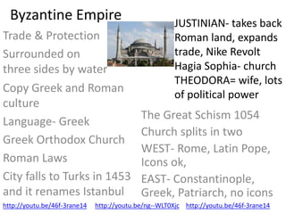Byzantine Empire
Trade & Protection
Surrounded on
three sides by water
JUSTINIAN- takes back
Roman land, expands
trade, Nike Revolt
Hagia Sophia- church
THEODORA= wife, lots
of political power
Copy Greek and Roman
culture
Language- Greek
Greek Orthodox Church
Roman Laws
City falls to Turks in 1453
and it renames Istanbul
The Great Schism 1054
Church splits in two
WEST- Rome, Latin Pope,
Icons ok,
EAST- Constantinople,
Greek, Patriarch, no icons
http://youtu.be/46f-3rane14 http://youtu.be/ng--WLT0Xjc http://youtu.be/46f-3rane14
 