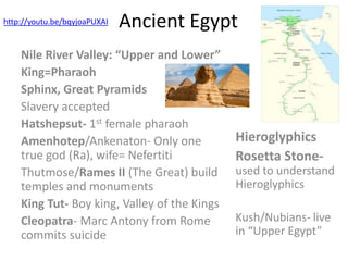 Ancient Egypt
Nile River Valley: “Upper and Lower”
King=Pharaoh
Sphinx, Great Pyramids
Slavery accepted
Hatshepsut- 1st female pharaoh
Amenhotep/Ankenaton- Only one
true god (Ra), wife= Nefertiti
Thutmose/Rames II (The Great) build
temples and monuments
King Tut- Boy king, Valley of the Kings
Cleopatra- Marc Antony from Rome
commits suicide
Hieroglyphics
Rosetta Stone-
used to understand
Hieroglyphics
Kush/Nubians- live
in “Upper Egypt”
http://youtu.be/bqyjoaPUXAI
 