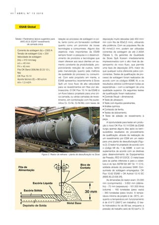 44     ABRIL      Nº   13   2010




         ESAB Global



     Tabela I: Parâmetros típicos sugeridos para   relação ao processo de soldagem e cor-           deposição muito elevadas (até 450 mm/
          AWS A5.9: EQ347 revestimento             te, tanto como um fornecedor confiável           min com fita de 60x0,5 mm), utilizando
                   de camada única
                                                   quanto como um promotor de novas                 alta potência. Com as populares fita de
                                                   tecnologias e consumíveis. Alguns dos            60 mmx0,5 mm, podem ser utilizadas
       Corrente de soldagem (Is) = 2300 A
                                                   objetivos mais importantes da ESAB               correntes de soldagem de até 2.300A
       Tensão de soldagem (Us) = 25V
                                                   sempre foram a pesquisa e o desenvol-            (Tabela I). Os gerentes de Qualidade
       Velocidade de soldagem
                                                   vimento de produtos e tecnologias que            da Sices SpA ficaram imediatamente
       (Vs) = 410 mm/seg
                                                   visam oferecer aos seus clientes um au-          impressionados com o alto nível de de-
       s/o = 40 mm
                                                   mento constante da produtividade, pro-           sempenho do novo fluxo, que permite
       FH = 45 mm
                                                   porcionando redução de custos, tanto             uma taxa de deposição 20% maior do
       Fita OK Band 309LNb (S 23 12 L
                                                   pela manutenção quanto pela melhora              que qualquer outra oferecida pelos con-
       Nb)
                                                   da qualidade do processo ou consumí-             correntes. Testes de qualificação de pro-
       OK Flux 10.14
                                                   vel. Com este propósito em mente, a              cesso de soldagem foram realizados de
       Aporte técnico (E) = 86 kJ/cm
                                                   ESAB apresentou recentemente à Sices             acordo com os códigos ASME IX, e os
       A/t= 1,3 m2/h
                                                   SpA um novo fluxo de alta velocidade             resultados obtidos confirmaram todas as
                                                   para os revestimentos em fitas por ele-          expectativas – com a vantagem de uma
                                                   troescória. O OK Flux 10.14 da ESAB é            qualidade superior. Os seguintes testes
                                                   um fluxo básico projetado para uma úni-          de qualificação foram realizados:
                                                   ca camada, ou várias camadas de reves-           • Controle Visual – dimensional.
                                                   timento, em combinação com fita auste-           • Teste de ultrassom.
                                                   nítica Cr, Cr-Ni, Cr-Ni-Mo com taxas de          • Teste com líquidos penetrantes.
                                                                                                    • Análise química.
                                                                                                    • Conteúdo de ferrita.
                                                                                                    • Testes de dobramento.
                                                                                                    • Teste de adesão do revestimento à
                                                                                                    peça.
                                                                                                         A oportunidade para testar em produ-
                                                                                                    ção o novo OK Flux 10.14 ESW da ESAB
                                                                                                    surgiu apenas alguns dias após os bem-
                                                                                                    sucedidos resultados do procedimento
                                                                                                    de qualificação, através da realização de
                                                                                                    um revestimento por ESW em um reator
                                                                                                    para uma planta de dessulfurização (Figu-
                                                                                                    ra 2). O reator foi projetado de acordo com
                                                                                                    o código VIII div. 1 da ASME e com os
                                                                                                    suplementos de acordo com as diretivas
                                 Figura 2: Reator de refinaria – planta de dessulfuração na Sices   para desenvolvimento de Equipamentos
                                                                                                    de Pressão, PED 97/23/CE. O metal base
                                                                                                    para as partes inferiores e para a cober-
                                                                           Bico de                  tura é do tipo ASTM SA 387 Gr. 11 C12,
        Fita de                                                            Contato                  soldada através do processo SAW. Con-
        Alimentação                                                                                 sumíveis de soldagem empregados: OK
                                                                                                    Flux 10.62 ESAB + OK Autrod 13.10 SC
                                                                                                    (AWS A5.23 EB 2R).
                                                                                                         As dimensões do reator eram: 23.000
                        Escória Líquida                                                             mm (comprimento) - 3.650 mm (diâme-
                                                                                                    tro) - 75 mm (espessura) - 161.500 litros
              Escória Sólida                                                                        (volume) - 160 toneladas (peso vazio)
                                                                                                    - 360 toneladas (peso bruto). A tempe-
                                                                                                    ratura mínima de projeto é de -30°C, en-
                                                                                                    quanto a temperatura em funcionamento
                                                                                                    é de 414°C (389°C em trabalho). O tes-
                                                                                                    te hidrostático foi de 89 bar, enquanto a
                                                                                                    pressão de trabalho será de 50 bar/f.v. O
 
