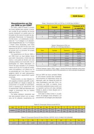 ABRIL       Nº   13     2010         51




                                                                                                                                ESAB Global



    Revestimentos em fita                                         Tabela I: Revestimento SAW com OK Flux 10.16/OK Band NiCrMo-3
    por SAW ou por ESW?                                                                                                          Conteúdo de Fe
     Em 2006, a MIS foi levada a conside-                    Teste                 Camada                   Espessura
                                                                                                                                  na superfície
rar novas opções para superar a escas-
sez mundial de aço revestido de Inconel,                                                 1ª                    3,2mm                   15,93%
                                                                  1
quando receberam um pedido para a fa-                                                  1ª e 2ª                 5,7mm                       7,63%
bricação de três navios do projeto de des-                                               1ª                    4,0mm                   21, 32%
salinização Katachanak, no Cazaquistão.                           2
                                                                                       1ª e 2ª                 8,0mm                       7,25%
Os três navios – um estabilizador conden-
sado de 1º e 2º estágios e um dessalini-
zador/desgaseificador de 1º e 2º estágios
– tinham várias dimensões, mas todos
                                                                                  Tabela II: Revestimento ESW com
eram feitos em aço SA 516 Gr.2 com uma                                            OK Flux 10.11/OK Band NiCrMo-3
espessura de 36 mm, a serem produzidos
                                                                                                                                 Conteúdo de Fe na
de acordo com os princípios de projeto                        Teste                 Camada                   Espessura
                                                                                                                                       superfície
ASME Sec.VIII Div.1.
     Os revestimentos em fita por SAW e                           1                      1ª                      4,9mm                     9,05%
por ESW foram as duas opções óbvias                               2                      1ª                      4,3mm                     10,41%
para cobrir inteiramente o interior dos dois                                             1ª                      4,0mm                     11,91%
navios, e uma parte do terceiro com uma                           3
                                                                                       1ª e 2ª                   8,0mm                     3,28%
camada protetora de Inconel 625. As es-
                                                                                         1ª                      3,1mm                     11,93%
pecificações do cliente estipularam um                            4
mínimo de duas camadas e um conteúdo                                                   1ª e 2ª                   6,2mm                     5,15%
máximo de Fe de 5% na solda do revesti-
                                                      A Revista Svetsaren, edição 1/2007, página 7, fornece informações detalhadas sobre ambos
mento da superfície e um máximo de 7%
                                                      os processos de revestimentos SAW e ESW, juntamente com outros exemplos de aplicações
na subcamada de 2 mm. Esta é a maior
exigência dentro do setor petroquímico,
abrangendo tanto o aquecimento quanto                 tiras por SAW nas duas camadas (Tabela
a corrosão.                                           I). Uma terceira camada seria necessária,
     Posteriormente, os dois métodos fo-              mas envolveria um dispendioso tempo de
ram julgados e testados pela MIS, auxilia-            fabricação, além de material de solda em
da pela ESAB com relação à seleção de                 maior quantidade e mais caro. Com o re-
consumíveis e à escolha de parâmetros.                vestimento por ESW, no entanto, foram
Como a espessura do revestimento não                  encontrados parâmetros para cumprir com
foi especificada, a MIS teve liberdade para           os requisitos químicos em duas camadas
chegar à composição final da maneira                  (Tabela II), devido à menor diluição com o
mais econômica.                                       material de origem.
     Os testes indicaram claramente que                    Com base no teste número 4, os parâ-
não seria possível cumprir com os requi-              metros de soldagem foram afinados e um
sitos de Fe utilizando revestimentos em               procedimento de soldagem para deposição




                                               Tabela III: Composição Química Inconel 625 (%)

    Liga       Al       C         Cr             Fe          Mn          Mo        Nb            Ni          P           S            Si            Ti
              0,40     0,10     20,0 -         5,0          0,50         8,0 -    3,15 -                    0,015     0,015          0,50        0,40
  N06625                                                                                         rem
              máx.     máx.      23,0          máx.         máx.         10,0      4,15                     máx.      máx.           máx.        máx.



                     Tabela IV: Composição Química OK Band NiCrMo-3 (EN ISO 18274: B Ni6625 NiCr22Mo9Nb)

       C               Si                 Mn                   Cr                 Ni                   Mo                Fe                 Nb + Ta

     <0,10            <0,20              <0,50             20,0 – 23,0           >0,60            8,0 – 10,0             <2,0              3,15 – 4,15
 
