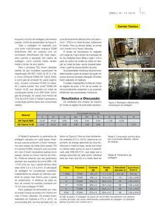 ABRIL      Nº      13    2010            71




                                                                                                                   Correio Técnico



enquanto a tocha de soldagem permanecia         zona termicamente afetada (linha de fusão +
parada, conforme apresentado na Figura 3.       2mm - ZTA) e no metal de base, totalizando
     Toda a soldagem foi realizada com          24 testes. Para os demais testes, as juntas
uma fonte multi-processo sinérgica ESAB         com chanfro em V foram utilizadas.
AristoPower 460, em conjunto com um                  O ensaio de microdureza foi realizado
controlador AristoPedant U8. Esse dispo-        com carga de 1 kgf e tempo de impressão de
sitivo permite a aquisição dos dados de         5s. As medições foram feitas a cada 1 mm a
soldagem, como corrente média, tensão           partir do centro do cordão de solda em dire-
média e tempo de arco aberto.                   ção ao metal de base, sendo possível deter-
     Para o processo TIG, foram utilizadas      minar o perfil de dureza Vickers da junta.
varetas de aço inoxidável superduplex de             As propriedades mecânicas da junta foram
classificação EN ISO 14343 W 25 9 4 NL          determinadas a partir de ensaios de tração em
e nome comercial ESAB OK Tigrod 2509,           corpos de prova de seção retangular. Os testes
e como gás de proteção foi usado argônio        foram realizados em triplicata.
puro. Já para o processo FCAW, foi utiliza-          A análise metalográfica foi feita em todas
do o arame tubular “flux cored” ESAB OK         as regiões da junta, a fim de se avaliar os
Tubrod 14.28, que deposita um metal de          microconstituintes presentes e as possíveis
composição similar a um AISI 2509. Como         influências nas propriedades mecânicas.
gás de proteção, foi usada uma mistura de
75% Ar e 25% CO2. A Tabela II apresenta a         Resultados e Discussão
composição química típica dos consumíveis          Os resultados dos ensaios de impacto                  Figura 3: Montagem utilizada para
citados.                                        em todas as regiões da junta estão represen-             mecanização da soldagem


                                                                   Composição Química (%)
       Material
                            C           Cr          Ni          Mo           Mn              Si          W            Cu                N
   OK Tigrod 2509         <0,02       25,00        9,80        4,00         0,40         0,40         < 1,00        <0,03               -
   OK Tubrod 14.28         0,03       25,20        9,20        3,90         0,90         0,60            -             -              0,25




     A Tabela III apresenta os parâmetros de    tados na Figura 4. Para as duas temperatu-              Tabela II. Composição química típica
soldagem utilizados em cada passe. Nota-        ras avaliadas (0°C e -40°C), observa-se um              dos consumíveis utilizados. Valores
se que, para as juntas em V, foram necessá-     aumento da energia absorvida da zona fun-               de catálogo
rios seis passes de solda (dois passes TIG      dida para o metal de base, sendo que todos
e 4 passes FCAW), enquanto para as juntas       os valores estão acima do que é e especifi-
em meio V foram necessários apenas cinco        cado pela DNV-OS-F101, que exige que a
passes, devido ao menor volume do chan-         energia absorvida de cada ponto individual              Tabela III. Parâmetros de
fro. Pode-se observar que tais parâmetros       deve ser maior que 45J e a média deve ser               soldagem
atendem aos requisitos da norma DNV – OS
– F101 [10], em que o aporte térmico deve
estar entre 0,5 e 2,8 kJ/mm. A velocidade           Passe        Processo         Corrente         Tensão      Velocidade         Aporte Térmico
                                                                                    (A)              (V)       (cm.min-1)           (kJ.mm-1)
de soldagem foi considerada constante,
independente da variação do diâmetro exis-         1° (Raiz)       GTAW            132 ± 8        11,7 ± 0,8      N.A. (a)          N.A. (a)
tente do passe mais interno para o passe              2°           GTAW            195 ± 3        13,3 ± 0,5        13            1,20 ± 0,06
de acabamento. A distância da peça ao                 3°           FCAW            200 ± 2        29,9 ± 0,2        36            1,00 ± 0,01
bico de contato foi mantida constante em
                                                      4°           FCAW            205 ± 5        29,7 ± 0,2        36            1,02 ± 0,02
18 mm para soldagem FCAW.
     Para avaliação da tenacidade por meio            5°           FCAW            204 ± 5        29,8 ± 0,1        36            1,01 ± 0,02
do ensaio Charpy, as juntas com chanfro em           6°(b)         FCAW            210 ± 9        29,8 ± 0,1        36            1,04 ± 0,04
meio V foram utilizadas. Os ensaios foram       (a) Não se aplica. A soldagem do passe de raiz foi feita manualmente com diversos
realizados em triplicata a 0°C e -40°C, na      cordões de solda, não sendo determinada a velocidade de soldagem. (b) Aplicável
zona fundida (ZF), na linha de fusão (LF), na   apenas às juntas com chanfro em V.
 