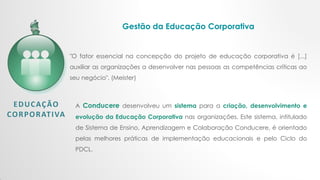 Gestão da Educação Corporativa
"O fator essencial na concepção do projeto de educação corporativa é [...]
auxiliar as organizações a desenvolver nas pessoas as competências críticas ao
seu negócio". (Meister)
A Conducere desenvolveu um sistema para a criação, desenvolvimento e
evolução da Educação Corporativa nas organizações. Este sistema, intitulado
de Sistema de Ensino, Aprendizagem e Colaboração Conducere, é orientado
pelas melhores práticas de implementação educacionais e pelo Ciclo do
PDCL.​
 