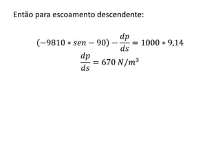 Então para escoamento descendente:
−9810 ∗ 𝑠𝑒𝑛 − 90 −
𝑑𝑝
𝑑𝑠
= 1000 ∗ 9,14
𝑑𝑝
𝑑𝑠
= 670 𝑁/𝑚3
 