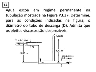 Água escoa em regime permanente na
tubulação mostrada na Figura P3.37. Determine,
para as condições indicadas na figura, o
diâmetro do tubo de descarga (D). Admita que
os efeitos viscosos são desprezíveis.
14
 