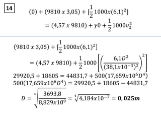 0 + 9810 𝑥 3,05 + [
1
2
1000𝑥(6,1)2]
= (4,57 𝑥 9810) + 𝛾0 +
1
2
1000𝑣2
2
9810 𝑥 3,05 + [
1
2
1000𝑥 6,1)2
= (4,57 𝑥 9810) +
1
2
1000
6,1𝐷2
38,1𝑥10−3 2
2
29920,5 + 18605 = 44831,7 + 500 17,659𝑥106
𝐷4
500 17,659𝑥106
𝐷4
= 29920,5 + 18605 − 44831,7
𝐷 =
3693,8
8,829𝑥109
4
= 4,184𝑥10−74
= 𝟎, 𝟎𝟐𝟓𝒎
14
 