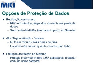 Opções de Proteção de Dados Replicação Assíncrona RPO em minutos, segundos, ou nenhuma perda de dados Sem limite de distância e baixo impacto no Servidor Alta Disponibilidade - Failover RTO em minutos invês horas ou dias Usuários não sabem quando ocorreu uma falha Proteção do Estado do Sistema Protege o servidor inteiro : SO, aplicações, e dados com um único software 