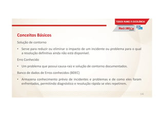 Conceitos Básicos
Solução de contorno
• Serve para reduzir ou eliminar o impacto de um incidente ou problema para o qual
a resolução definitiva ainda não está disponível.
Erro Conhecido
• Um problema que possui causa-raiz e solução de contorno documentados.
Banco de dados de Erros conhecidos (BDEC)
• Armazena conhecimento prévio de incidentes e problemas e de como eles foram
enfrentados, permitindo diagnóstico e resolução rápida se eles repetirem.
116
 