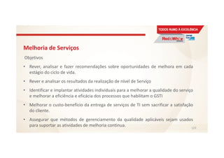 Melhoria de Serviços
Objetivos
• Rever, analisar e fazer recomendações sobre oportunidades de melhora em cada
estágio do ciclo de vida.
• Rever e analisar os resultados da realização de nível de Serviço
• Identificar e implantar atividades individuais para a melhorar a qualidade do serviço
e melhorar a eficiência e eficácia dos processos que habilitam o GSTI
• Melhorar o custo-benefício da entrega de serviços de TI sem sacrificar a satisfação
do cliente.
• Assegurar que métodos de gerenciamento da qualidade aplicáveis sejam usados
para suportar as atividades de melhoria continua. 123
 