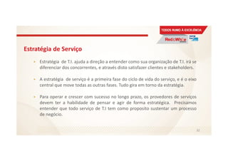 Estratégia de Serviço
Estratégia de T.I. ajuda a direção a entender como sua organização de T.I. irá se
diferenciar dos concorrentes, e através disto satisfazer clientes e stakeholders.
A estratégia de serviço é a primeira fase do ciclo de vida do serviço, e é o eixo
central que move todas as outras fases. Tudo gira em torno da estratégia.
Para operar e crescer com sucesso no longo prazo, os provedores de serviços
devem ter a habilidade de pensar e agir de forma estratégica. Precisamos
entender que todo serviço de T.I tem como proposito sustentar um processo
de negócio.
32
 