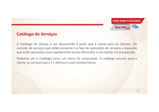 Catálogo de Serviços
O Catálogo de serviço é um documento à parte que é visível para os clientes. Ele
consiste de serviços que estão presentes na fase de operações de serviços e daqueles
que estão aprovados para rapidamente serem oferecidos a um cliente em prospecção.
Podemos ver o Catálogo como um menu de restaurante. O catálogo resume para o
cliente os serviços que a T.I. oferece e suas características.
39
 