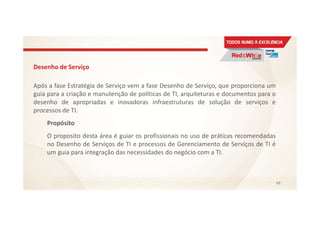 Desenho de Serviço
Após a fase Estratégia de Serviço vem a fase Desenho de Serviço, que proporciona um
guia para a criação e manutenção de políticas de TI, arquiteturas e documentos para o
desenho de apropriadas e inovadoras infraestruturas de solução de serviços e
processos de TI.
Propósito
O proposito desta área é guiar os profissionais no uso de práticas recomendadas
no Desenho de Serviços de TI e processos de Gerenciamento de Serviços de TI é
um guia para integração das necessidades do negócio com a TI.
48
 