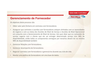 Gerenciamento de Fornecedor
Os objetivos deste processo são:
• Obter valor pelo Dinheiro em contratos com fornecedores
• Assegurar que contratos e acordos com fornecedores estejam alinhados com as necessidades
do negócio e com as metas dos Acordos de Nível de Serviço e Acordos de Nível Operacional
em conjunto com o Gerenciamento de Nível de Serviço. Isto quer dizer que se o provedor de
serviço negocia com o cliente que ele vai entregar determinado serviço com 98% de
disponibilidade, então todos os componentes entregues por terceiros devem ter no mínimo
98% de disponibilidade também
• Gerenciar Relações com fornecedores
• Gerenciar desempenho de fornecedores.
• Negociar contratos com fornecedores e gerenciá-los durante seu ciclo de vida.
• Manter uma política de fornecedores em uma base de dados 71
 