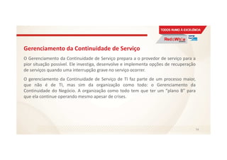 Gerenciamento da Continuidade de Serviço
O Gerenciamento da Continuidade de Serviço prepara a o provedor de serviço para a
pior situação possível. Ele investiga, desenvolve e implementa opções de recuperação
de serviços quando uma interrupção grave no serviço ocorrer.
O gerenciamento da Continuidade de Serviço de TI faz parte de um processo maior,
que não é de TI, mas sim da organização como todo: o Gerenciamento da
Continuidade do Negócio. A organização como todo tem que ter um “plano B” para
que ela continue operando mesmo apesar de crises.
74
 