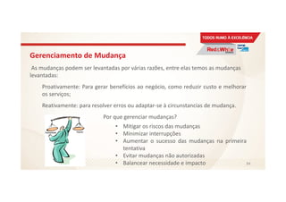 Gerenciamento de Mudança
As mudanças podem ser levantadas por várias razões, entre elas temos as mudanças
levantadas:
Proativamente: Para gerar benefícios ao negócio, como reduzir custo e melhorar
os serviços;
Reativamente: para resolver erros ou adaptar-se à circunstancias de mudança.
Por que gerenciar mudanças?
• Mitigar os riscos das mudanças
• Minimizar interrupções
• Aumentar o sucesso das mudanças na primeira
tentativa
• Evitar mudanças não autorizadas
• Balancear necessidade e impacto 84
 