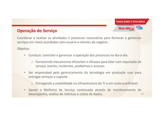 Operação do Serviço
Coordenar e realizar as atividades e processos necessários para fornecer e gerenciar
serviços em níveis acordados com usuário e clientes do negócio.
Objetivo
• Conduzir, controlar e gerenciar a operação dos processos no dia-a-dia.
o Fornecendo mecanismos eficientes e eficazes para lidar com requisição de
serviço, evento, incidentes, problemas e acessos.
• Ser responsável pelo gerenciamento da tecnologia em produção usar para
entregar serviços e suporte.
o Entregando a estabilidade na infraestrutura de TI a um custo justificável.
• Apoiar a Melhoria de Serviço continuada através de monitoramento do
desempenho, análise de métricas e coleta de dados. 95
 