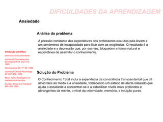 DIFICULDADES DA APRENDIZAGEM Ansiedade Análise do problema A pressão constante das expectativas dos professores e/ou dos pais levam a um sentimento de incapacidade para lidar com as exigências. O resultado é a ansiedade e a depressão que, por sua vez, bloqueiam a forma natural e espontânea de assimilar o conhecimento. Solução do Problema O Conhecimento Total inclui a experiência da consciência transcendental que dá alívio face ao medo e à ansiedade, fornecendo um estado de alerta relaxado que ajuda o estudante a concentrar-se e a estabilizar níveis mais profundos e abrangentes da mente, o nível da criatividade, memória, e intuição puras. Validação científica Diminuição da ansiedade:   Journal of Counseling and Development 64: 212–215, 1985; Neuroscience 46: 77–86, 1989; Journal of  Clinical Psychology 45: 957–974, 1989 Maior calma fisiológica na realização de tarefas: Anxiety, Stress and Coping 6: 245–262, 1993. 
