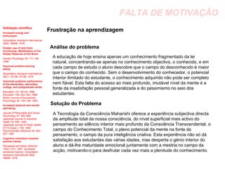 FALTA DE MOTIVAÇÃO Frustração na aprendizagem Análise do problema A educação de hoje ensina apenas um conhecimento fragmentado da lei natural, concentrando-se apenas no conhecimento objectivo, o conhecido, e em cada campo de estudo o aluno descobre que o campo do desconhecido é maior que o campo do conhecido. Sem o desenvolvimento do conhecedor, o potencial interior ilimitado do estudante, o conhecimento adquirido não pode ser completo nem fiável. Esta falta do acesso ao mais profundo, imutável nível da mente é a fonte da insatisfação pessoal generalizada e do pessimismo no seio dos estudantes. Solução do Problema A Tecnologia da Consciência Maharishi oferece a experiência subjectiva directa da amplitude total da nossa consciência, do nível superficial mais activo do pensamento ao silêncio interior mais profundo da Consciência Transcendental, o campo do Conhecimento Total, o pleno potencial da mente na fonte do pensamento, o campo da pura inteligência criativa. Esta experiência não só dá satisfação aos estudantes das várias idades, mas desperta o génio interior do aluno e dá-lhe maturidade emocional juntamente com a mestria no campo da acção, motivando-o para desfrutar cada vez mais a plenitude do conhecimento. Validação científica Increased energy and enthusiasm:   Dissertation Abstracts International 38(8): 3895B, 1978.  Greater use of total brain functioning –Mobilization of the Hidden Reserves of the Brain:   Human Physiology 25: 171–180, 1999.  Improved problem-solving ability:   Dissertation Abstracts International 38(7): 3372B–3373B, 1978.   Improved academic performance at the elementary, secondary, college, and postgraduate levels:  Education 107: 49–54, 1986. Education 109: 302–304, 1989. British Journal of Educational Psychology 55: 164–166, 1985.   Increased physical and mental well-being:  Journal of Personality and Social Psychology 57: 950–964, Japanese Journal of Industrial Health 32: 656, 1990.  Japanese Journal of Public Health 37(10 Suppl.): 729, 1990. Psychosomatic Medicine 49: 493–507, 1987.   Cognitive orientation towards positive values:   Perceptual and Motor Skills 64: 1003–1012, 1987. Increased emotional maturity: Dissertation Abstracts International 38(8): 3895B, 1978. 