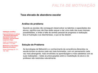 FALTA DE MOTIVAÇÃO Taxa elevada de abandono escolar  Análise do problema Quando as escolas não conseguem desenvolver os talentos e capacidades dos alunos, significa que não lhes estão sequer a dar uma visão das suas imensas possibilidades, e então a falta de sentido pessoal de progresso e realização leva à frustração e ao desinteresse, o que os faz desistir. Solução do Problema As tecnologias de Maharishi e o conhecimento da consciência oferecidos na escola tornam os alunos cada vez mais iluminados, com um pensamento cada vez mais abrangente, mais envolvidos na aprendizagem e mais satisfeitos com as suas realizações – todas as preocupações sobre a insatisfação do aluno e do professor são resolvidas naturalmente. Validação científica Improved behavior in school – decreased absenteeism, decreased school rule infractions, and decreased suspension days:  Health and Quality of Life Outcomes 1: 10, 2003.   Mobilization of the Hidden Reserves of the Brain:  Human Physiology 25: 171–180, 1999 