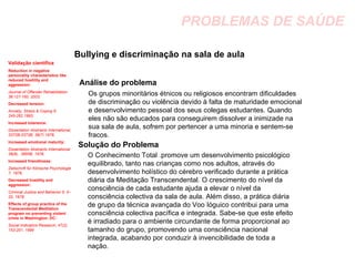 PROBLEMAS DE SAÚDE Bullying e discriminação na sala de aula  Análise do problema Solução do Problema Validação científica Reduction in negative personality characteristics like reduced hostility and aggression:   Journal of Offender Rehabilitation 36:127-160, 2003; Decreased tension:   Anxiety, Stress & Coping 6: 245-262,1993;   Increased tolerance:   Dissertation Abstracts International, 3372B-3373B, 38(7) 1978;  Increased emotional maturity: Dissertation Abstracts International 38(8),  3895B, 1978; Increased friendliness:   Zeitschrift für Klinische Psychologie 7, 1978;  Decreased hostility and aggression:   Criminal Justice and Behavior 5: 3–20, 1978;  Effects of group practice of the Transcendental Meditation program on preventing violent crime in Washington, DC:   Social Indicators Research, 47(2), 153-201, 1999 Os grupos minoritários étnicos ou religiosos encontram dificuldades de discriminação ou violência devido à falta de maturidade emocional e desenvolvimento pessoal dos seus colegas estudantes. Quando eles não são educados para conseguirem dissolver a inimizade na sua sala de aula, sofrem por pertencer a uma minoria e sentem-se fracos. O Conhecimento Total .promove um desenvolvimento psicológico equilibrado, tanto nas crianças como nos adultos, através do desenvolvimento holístico do cérebro verificado durante a prática diária da Meditação Transcendental. O crescimento do nível da consciência de cada estudante ajuda a elevar o nível da consciência colectiva da sala de aula. Além disso, a prática diária de grupo da técnica avançada do Voo Ióguico contribui para uma consciência colectiva pacífica e integrada. Sabe-se que este efeito é irradiado para o ambiente circundante de forma proporcional ao tamanho do grupo, promovendo uma consciência nacional integrada, acabando por conduzir à invencibilidade de toda a nação.  