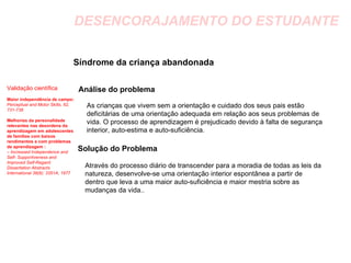 DESENCORAJAMENTO DO ESTUDANTE Síndrome da criança abandonada  Análise do problema Solução do Problema Validação científica Maior independência de campo: Perceptual and Motor Skills, 62, 731-738 Melhorias da personalidade relevantes nas desordens da aprendizagem em adolescentes de famílias com baixos rendimentos e com problemas de aprendizagem : –  Increased Independence and Self- Supportiveness and Improved Self-Regard: Dissertation Abstracts International 38(6): 3351A, 1977 As crianças que vivem sem a orientação e cuidado dos seus pais estão deficitárias de uma orientação adequada em relação aos seus problemas de vida. O processo de aprendizagem é prejudicado devido à falta de segurança interior, auto-estima e auto-suficiência. Através do processo diário de transcender para a moradia de todas as leis da natureza, desenvolve-se uma orientação interior espontânea a partir de dentro que leva a uma maior auto-suficiência e maior mestria sobre as mudanças da vida.. 