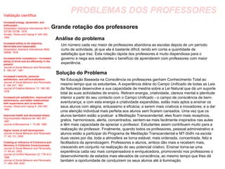 PROBLEMAS DOS PROFESSORES Grande rotação dos professores  Análise do problema Solução do Problema Validação científica Increased energy, dynamism, and enthusiasm: Dissertation Abstracts International 38(7): 3372B–3373B, 1978. Anxiety, Stress and Coping 6: 245–262, 1993. Increased ability to be objective, fairminded and reasonable: Dissertation Abstracts International 38(8): 3895B, 1978. Increased time competence – increased ability to think and act efficiently in the present: Journal of Social Behavior and Personality 6: 189–247, 1991. Increased creativity, personal satisfaction, and self-actualization: Journal of Social Behavior and Personality 6: 189–247, 1991. Journal of Creative Behavior 13: 169-180, 1979 Increased job satisfaction, improved job performance, and better relationships with supervisors and co-workers: Anxiety, Stress and Coping 6: 245–262, 1993. Improved health and decreased stress: Psychosomatic Medicine 49: 493–507, 1987. Journal of Biomedicine 1: 73–88, 1980. Higher levels of self development: Journal of Social Behavior and Personality 17: 93–121, 2005. Creating an Influence of Coherence and Harmony in Collective Consciousness: Journal of Social Behavior and Personality 17: 65–91, 2005. Journal of Conflict Resolution 32: 776–812, 1988. Journal of Social Behavior and Personality 17: 285–338, 2005. Na Educação Baseada na Consciência os professores ganham Conhecimento Total ao mesmo tempo que os estudantes. A experiência diária do Campo Unificado de todas as Leis da Natureza desenvolve a sua capacidade de mestria sobre a Lei Natural que dá um suporte total às suas actividades de ensino. Retiram energia, criatividade, clareza mental e plenitude interior a partir do seu contacto com o Campo Unificado - o campo de consciência de bem-aventurança; e com esta energia e criatividade expandidas, estão mais aptos a ensinar os seus alunos com alegria, entusiasmo e eficácia; a serem mais criativos e inovadores; e a dar uma atenção individual mais perfeita aos alunos sem ficarem cansados. Uma vez que os alunos também estão a praticar  a Meditação Transcendental, eles ficam mais receptivos, gratos, harmoniosos, alerta, concentrados, sentem-se mais facilmente inspirados nas aulas e têm mais capacidade de apreciar o professor. Estudantes assim contribuem muito para a realização do professor. Finalmente, quando todos os professores, pessoal administrativo e alunos estão a participar do Programa de Meditação Transcendental e MT-Sidhi na escola duas vezes por dia, toda a atmosfera se torna estável, mais ordenada, concentrada, feliz e facilitadora da aprendizagem. Professores e alunos, ambos dão mais e recebem mais, crescendo em conjunto na realização do seu potencial criativo. Ensinar torna-se uma experiência cada vez mais compensadora e enriquecedora, promovendo nos professores o desenvolvimento de estados mais elevados de consciência, ao mesmo tempo que lhes dá também a oportunidade de conduzirem os seus alunos até à iluminação.  Um número cada vez maior de professores abandona as escolas depois de um período curto de actividade, já que ela é bastante difícil, tendo em conta a quantidade de satisfação que traz. Esta rotação rápida dos professores é muito dispendiosa para o governo e nega aos estudantes o benefício de aprenderem com professores com maior experiência. 