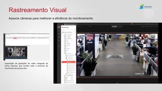 Rastreamento Visual
Associe câmeras para melhorar a eficiência do monitoramento.
Exportação de gravações de vídeo integrada de
várias câmeras, que contém todo o processo de
movimento da pessoa alvo.
 