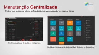 Manutenção Centralizada
Proteja todo o sistema, e tome ações rápidas para normalização em caso de falhas.
Gestão visualizada de switches inteligentes.
Gestão e monitoramento de integridade de todos os dispositivos
 