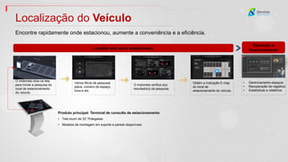 Encontre rapidamente onde estacionou, aumente a conveniência e a eficiência.
Localização do Veículo
Localize seu carro estacionado.
O motorista clica na tela
para iniciar a pesquisa do
local de estacionamento
do veículo.
Vários filtros de pesquisa:
placa, número de espaço,
hora e etc.
O motorista verifica o(s)
resultado(s) da pesquisa.
Obtém a indicação E-map
do local de
estacionamento do veículo.
• Gerenciamento espaços
• Recuperação de registros
• Estatísticas e relatórios
Operação e
Gerenciamento
Produto principal: Terminal de consulta de estacionamento
• Tela touch de 32” Polegadas
• Modelos de montagem em suporte e parede disponíveis
 