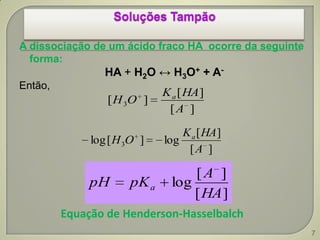 A dissociação de um ácido fraco HA ocorre da seguinte
forma:
HA + H2O ↔ H3O+ + A-
Então,
7
][
][
][ 3
A
HAK
OH a
][
][
log][log 3
A
HAK
OH a
][
][
log
HA
A
pKpH a
Equação de Henderson-Hasselbalch
 