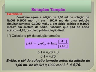 9
Exercício 11
Considere agora a adição de 1,00 mL de solução de
NaOH 0,1000 mol L-1 em 100,0 mL de uma solução
simultaneamente 0,1000 mol.L-1 em ácido acético e 0,1000
mol.L-1 em acetato de sódio. Sabendo que pKA do ácido
acético = 4,76, calcule o pH da solução final.
1°) Calcular o pH da solução tampão:
][
][
log
HA
A
pKpH a
pH = 4,76 + 0
pH = 4,76
Então, o pH da solução tampão antes da adição de
1,00 mL de NaOH 0,1000 mol L-1 é 4,76.
 