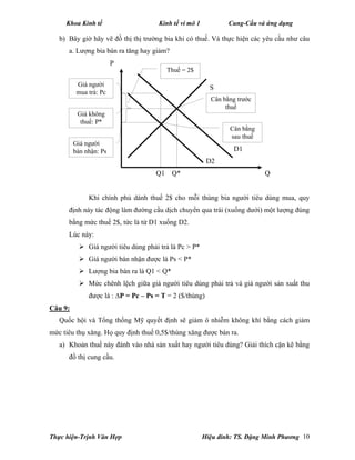 Khoa Kinh tế Kinh tế vi mô 1 Cung-Cầu và ứng dụng
Thực hiện-Trịnh Văn Hợp Hiệu đính: TS. Đặng Minh Phương 10
b) Bây giờ hãy vẽ đồ thị thị trường bia khi có thuế. Và thực hiện các yêu cầu như câu
a. Lượng bia bán ra tăng hay giảm?
P
S
D1
D2
Q1 Q* Q
Khi chính phủ dánh thuế 2$ cho mỗi thùng bia người tiêu dùng mua, quy
định này tác động làm đường cầu dịch chuyển qua trái (xuống dưới) một lượng đúng
bằng mức thuế 2$, tức là từ D1 xuống D2.
Lúc này:
 Giá người tiêu dùng phải trả là Pc > P*
 Giá người bán nhận được là Ps < P*
 Lượng bia bán ra là Q1 < Q*
 Mức chênh lệch giữa giá người tiêu dùng phải trả và giá người sản xuất thu
được là : ∆P = Pc – Ps = T = 2 ($/thùng)
Câu 9:
Quốc hội và Tổng thống Mỹ quyết định sẽ giảm ô nhiễm không khí bằng cách giảm
mức tiêu thụ xăng. Họ quy định thuế 0,5$/thùng xăng được bán ra.
a) Khoản thuế này đánh vào nhà sản xuất hay người tiêu dùng? Giải thích cặn kẽ bằng
đồ thị cung cầu.
Cân bằng trước
thuế
Cân bằng
sau thuế
Giá người
bán nhận: Ps
Giá không
thuế: P*
Giá người
mua trả: Pc
Thuế = 2$
 