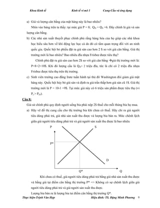 Khoa Kinh tế Kinh tế vi mô 1 Cung-Cầu và ứng dụng
Thực hiện-Trịnh Văn Hợp Hiệu đính: TS. Đặng Minh Phương 9
a) Giá và lượng cân bằng của mặt hàng này là bao nhiêu?
Nhìn vào bảng trên ta thấy: tại mức giá P = 8; QD = QS =6. Đây chính là giá và sản
lượng cân bằng.
b) Các nhà sản xuất thuyết phục chính phủ rằng hàng hóa của họ giúp các nhà khoa
học hiểu sâu hơn về khí động lực học cà do đó có tầm quan trọng đối với an ninh
quốc gia. Quốc hội bỏ phiếu đặt ra giá sàn cao hơn 2 $ so với giá cân bằng. Giá thị
trường mới là bao nhiêu? Bao nhiêu đĩa nhựa Frisbee được tiêu thụ?
Chính phủ đặt ra giá sàn cao hơn 2$ so với giá cân bằng giá thị trường mới là:
P=8+2=10$. Khi đó lượng cầu là QD= 2 triệu đĩa, tức là chỉ có 2 triệu đĩa nhựa
Frisbee được tiêu thụ trên thị trường.
c) Sinh viên trường cao đẳng Irate tuần hành tại thủ đô Washington đòi giảm giá mặt
hàng này. Quốc hội hủy bỏ giá sàn và định ra giá trần thấp hơn giá sàn cũ 1$. Giá thị
trường mới là P = 10-1 =9$. Tại mức giá này có 6 triệu sản phẩm được tiêu thụ (vi
Pc > Pcb).
Câu 8:
Giả sử chính phủ quy định người uống bia phải nộp 2$ thuế cho mỗi thùng bia họ mua.
a) Hãy vẽ đồ thị cung cầu cho thị trường bia khi chưa có thuế. Hãy chỉ ra giá người
tiêu dùng phải trả, giá nhà sản xuất thu được và lượng bia bán ra. Mức chênh lệch
giữa giá người tiêu dùng phải trả và giá người sản xuất thu được là bao nhiêu
P S
P*
D
Q* Q
Khi chưa có thuế, giá người tiêu dùng phải trả bằng giá nhà sản xuất thu được
và bằng giá tại điểm cân bằng thị trường P* => Không có sự chênh lệch giữa giá
người tiêu dùng phải trả và giá người sản xuất thu được.
Lượng bia bán ra là lượng bia tai điểm cân bằng thị trường Q*.
 
