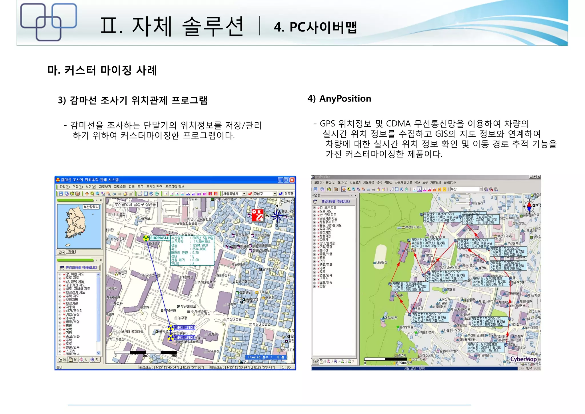 Ⅱ. 자체 솔루션 4. PC사이버맵 
마. 커스터 마이징 사례 
3) 감마선 조사기 위치관제 프로그램 
- 감마선을 조사하는 단말기의 위치정보를 저장/관리 
하기 위하여 커스터마이징한 프로그램이다. 
4) AnyPosition 
- GPS 위치정보 및 CDMA 무선통신망을 이용하여 차량의 
실시간 위치 정보를 수집하고 GIS의 지도 정보와 연계하여 
차량에 대한 실시간 위치 정보 확인 및 이동 경로 추적 기능을 
가진 커스터마이징한 제품이다. 
 