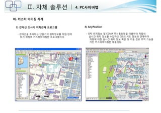 Ⅱ. 자체 솔루션 4. PC사이버맵 
마. 커스터 마이징 사례 
3) 감마선 조사기 위치관제 프로그램 
- 감마선을 조사하는 단말기의 위치정보를 저장/관리 
하기 위하여 커스터마이징한 프로그램이다. 
4) AnyPosition 
- GPS 위치정보 및 CDMA 무선통신망을 이용하여 차량의 
실시간 위치 정보를 수집하고 GIS의 지도 정보와 연계하여 
차량에 대한 실시간 위치 정보 확인 및 이동 경로 추적 기능을 
가진 커스터마이징한 제품이다. 
 