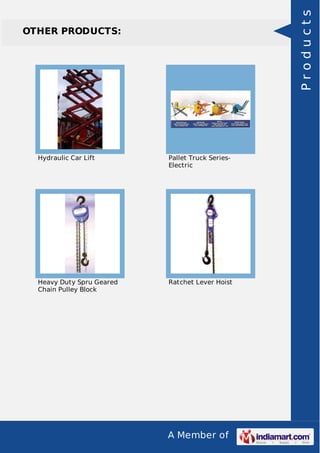 A Member of 
OTHER PRODUCTS: 
Hydraulic Car Lift Pallet Truck Series- 
Electric 
Heavy Duty Spru Geared 
Chain Pulley Block 
Ratchet Lever Hoist 
P r o d u c t s 
 