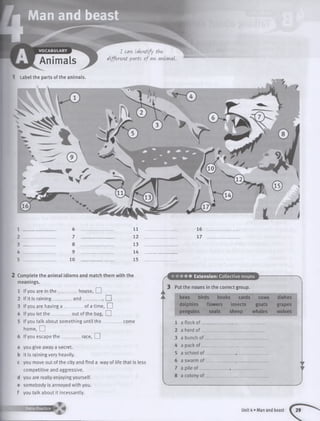 Man and beast
VOCABULARY
Animals
1 Label the parts of the animals.
I m u identifythe
différentpartsofananimal.
6
7
8
9
10
11
12
13
14
15
16
17
2 Complete the animal idioms and match them with the
meanings.
If you are in th e .
If it is raining__
If you are having a
If you let th e ______
house, EH
_ and________, EH
of a time, EH
.out of the bag, EH
. comeIf you talk about something until th e ____
home, EH
If you escape th e _________ race, EH
you give away a secret,
it is raining very heavily.
you move out of the city and find a way of life that is less
competitive and aggressive.
you are really enjoying yourself.
somebody is annoyed with you.
you talk about it incessantly.
• » • • • Extension: Collective nouns
3 Put the nouns in the correct group.
bees birds books cards cows dishes
dolphins flowers insects goats grapes
penguins seals sheep whales wolves
a flock o f__
a herd o f__
a bunch o f_
a pack o f__
a school of_
a swarm of_
a pile of _ v
Unit 4 • Man and beast
 